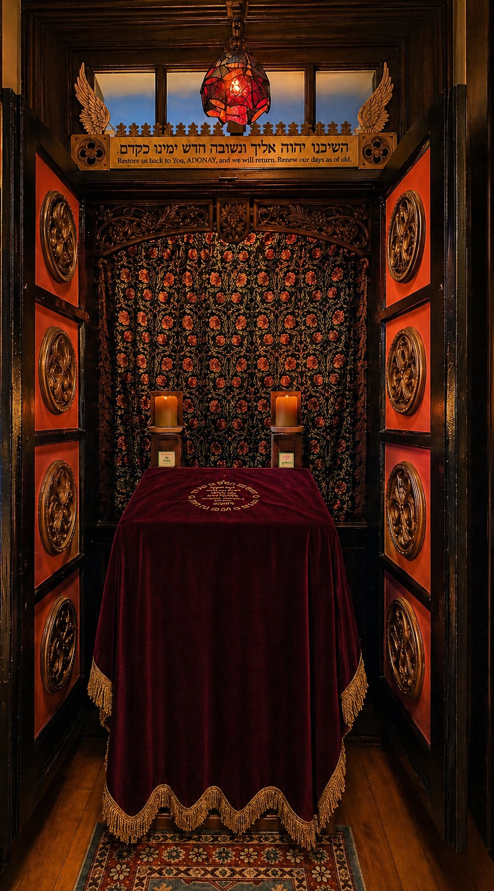 The ark of Kehillah Kedoshah Zikhron Zvi: parochet, candles, and a velvet-draped table beneath the inscription &lsquo;Restore us back to You, ADONAY, and we will return. Renew our days as of old.&rsquo;
